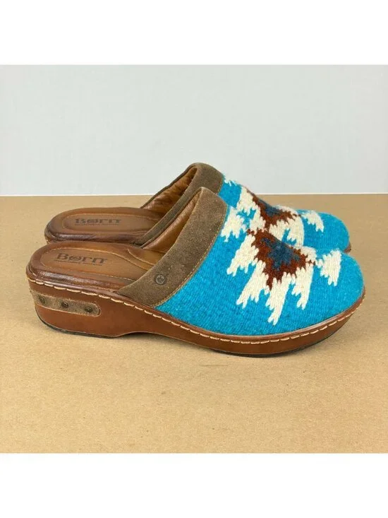 Born Bandy Blanket Mules Clogs Womens 9 Brown Blue White Slip On - Picture 3 of 11